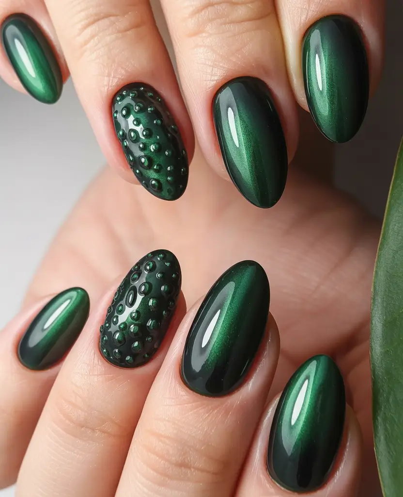 2025 Dark Fall Nails Emerald Depths with 3D Accents