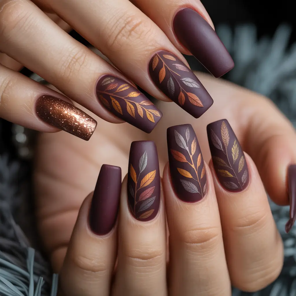 2025 Dark Fall Nails Matte Autumn Leaves