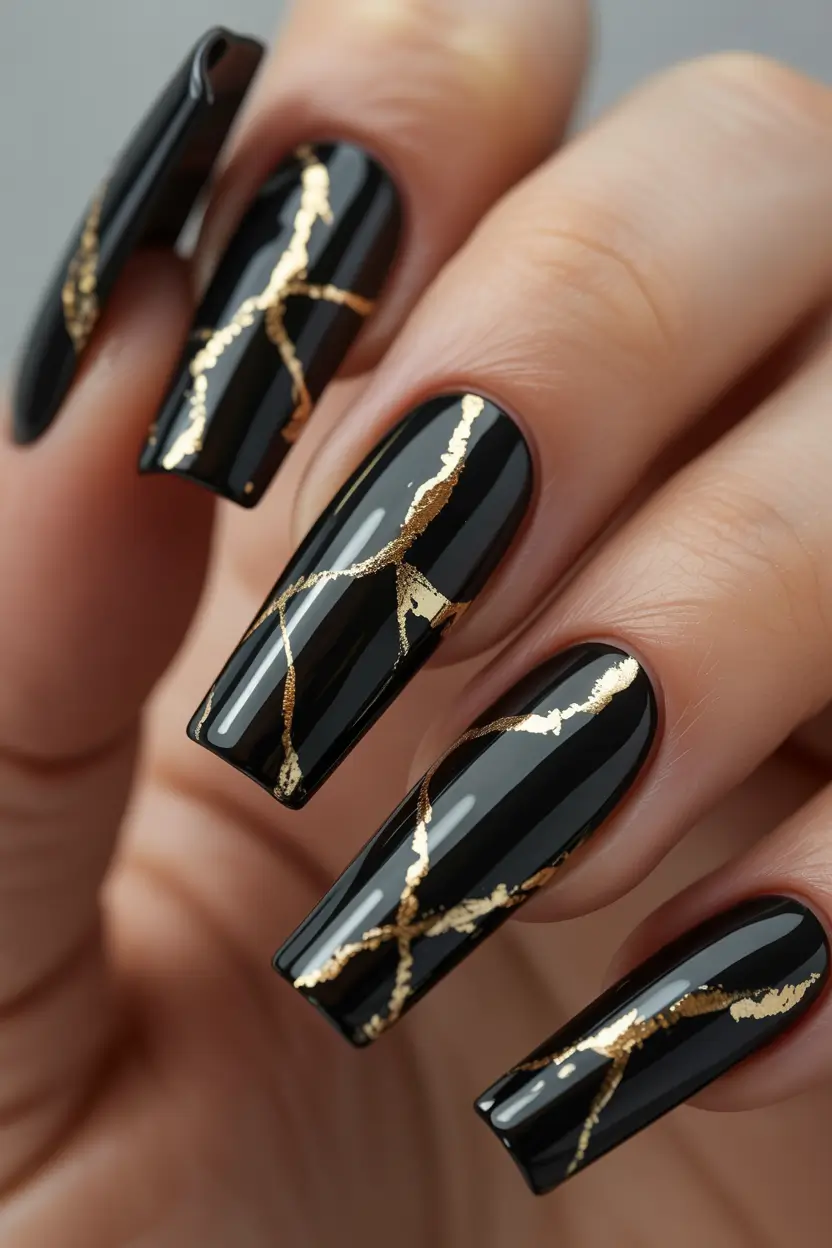 2025 Dark Fall Nails Black with Golden Veins