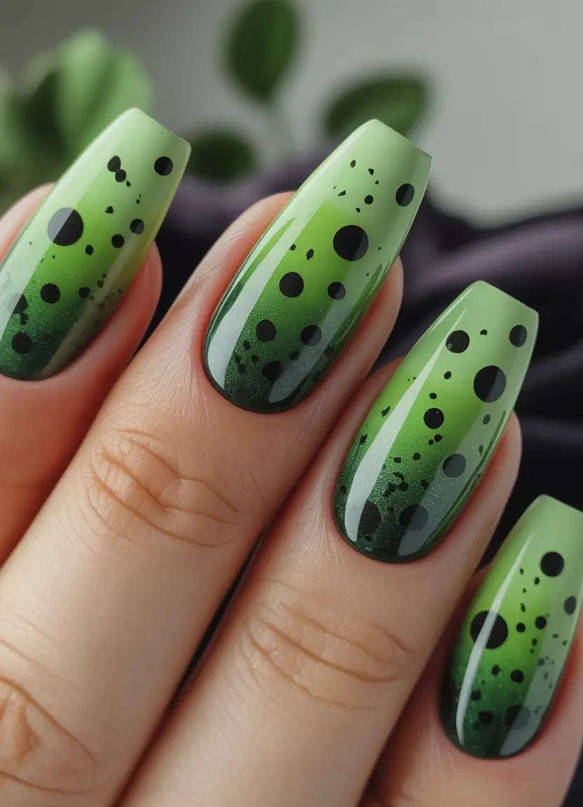 2025 Dark Fall Nails Ombre Green with Playful Dots