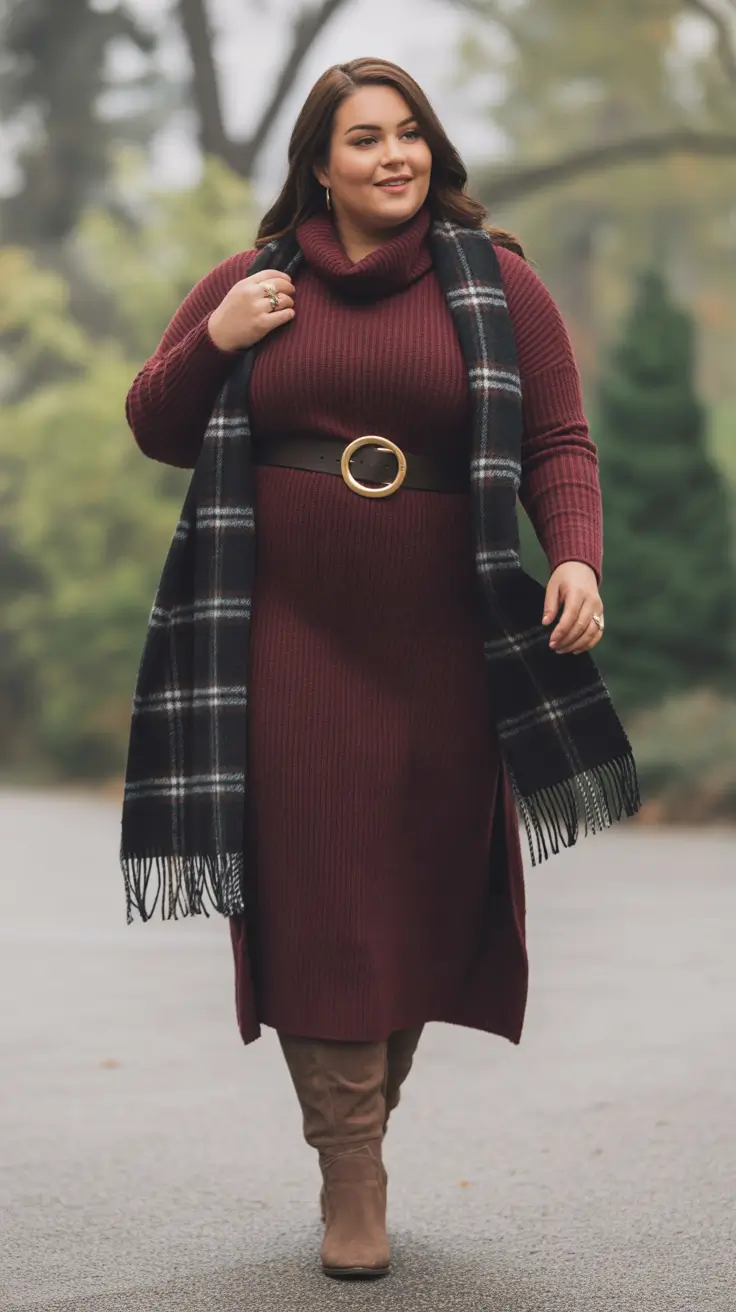 Curvy Outfit Ideas for Winter 2025–2026 Wine Toned Knit Dress with Belted Waist