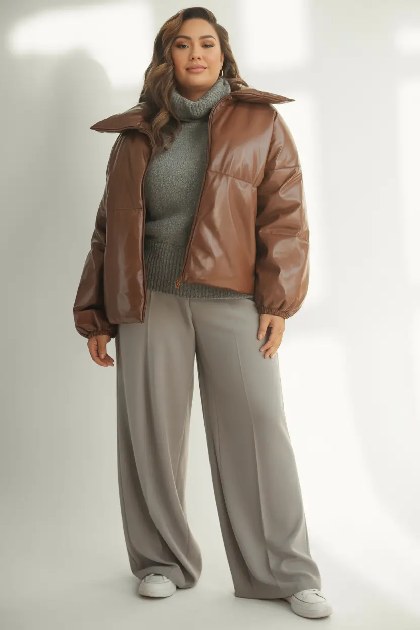 Curvy Outfit Ideas for Winter 2025–2026 Oversized Puffer with Wide-Leg Pants