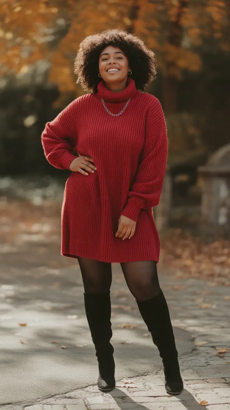 Curvy Outfit Ideas for Winter 2025–2026 Red Sweater Dress with Knee Boots