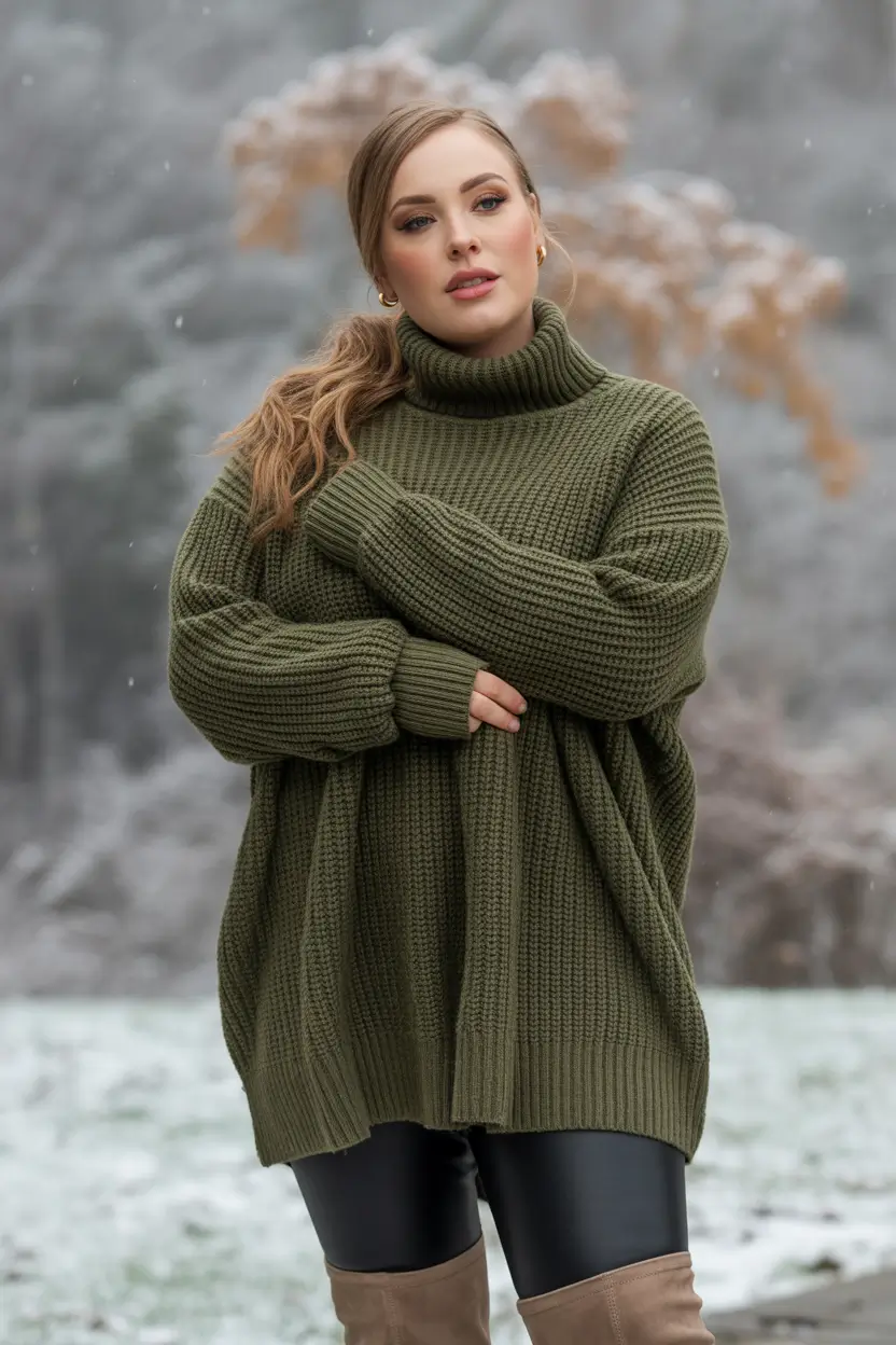 Curvy Outfit Ideas for Winter 2025–2026 Olive Knit with Leather Leggings