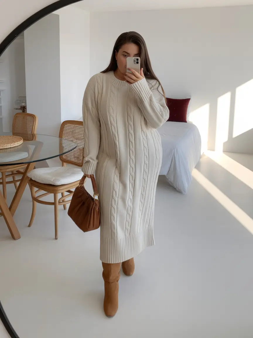 Curvy Outfit Ideas for Winter 2025–2026 Cream Cable Knit Dress with Suede Boots