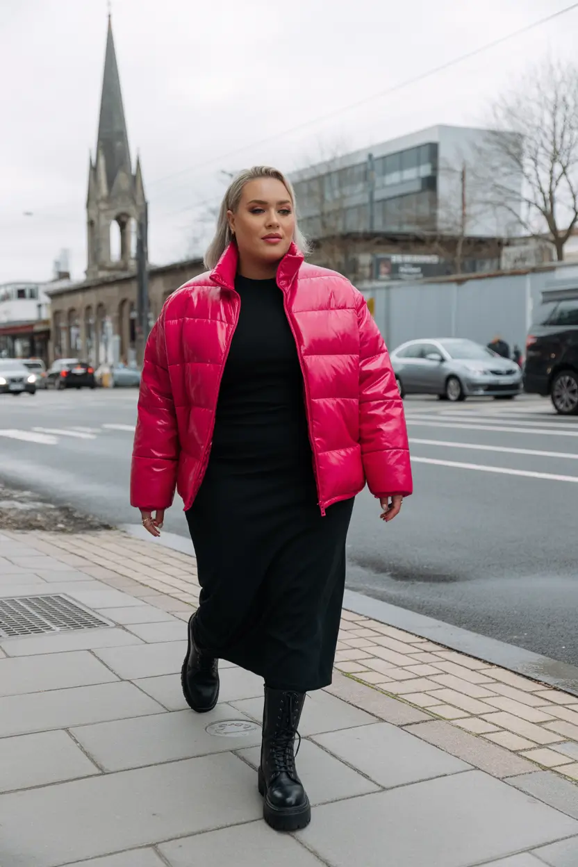 Curvy Outfit Ideas for Winter 2025–2026 Bold Pink Puffer with Black Maxi Dress