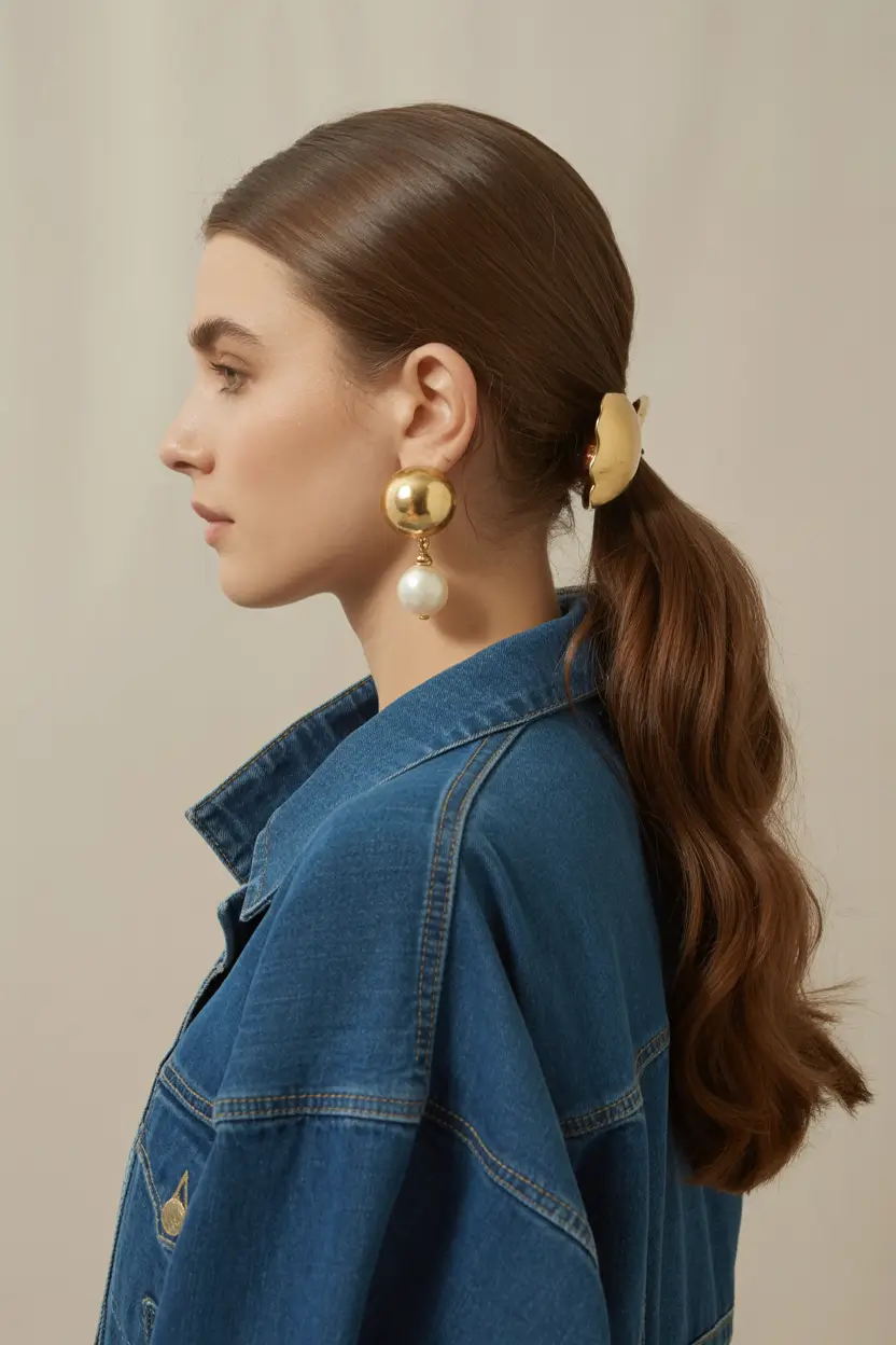Cute and Easy Hairstyles for Fall Season 2025 Low Ponytail with Gold Clip