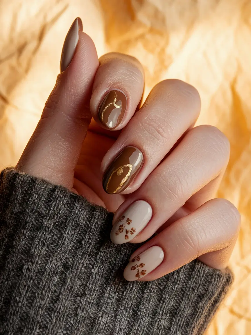 early fall nails 2025 Warm Caramel and Golden Strokes