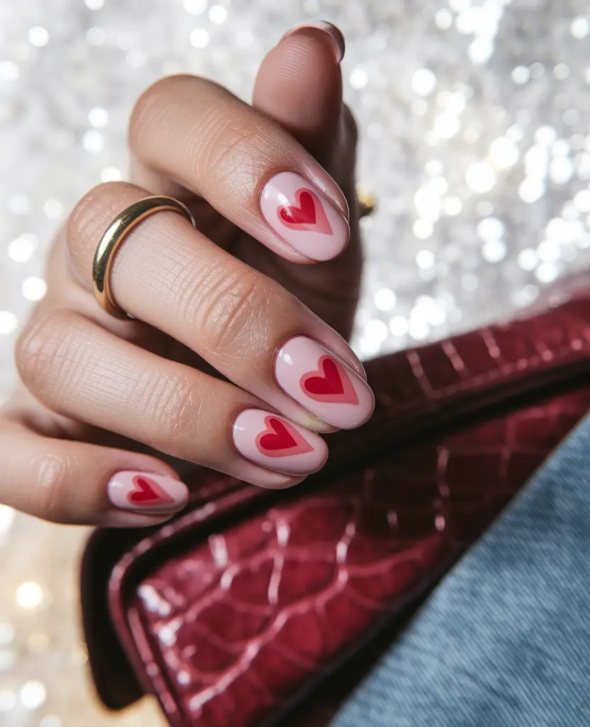 early fall nails 2025 Playful Red Hearts on Nude Base
