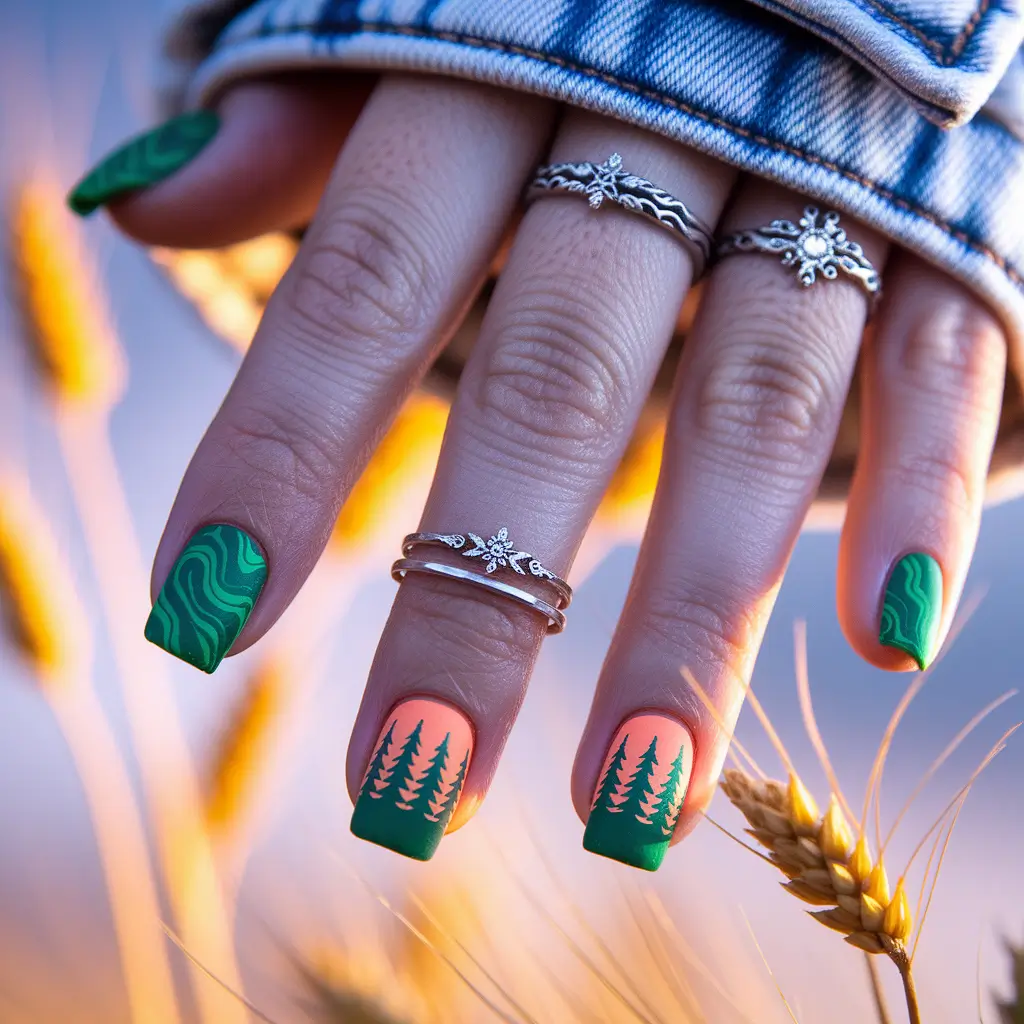 early fall nails 2025 Forest-Inspired Matte Square Nails
