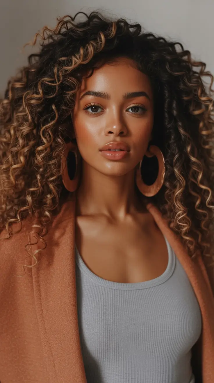 Fall hairstyle black women Defined Curly Volume with Honey Highlights
