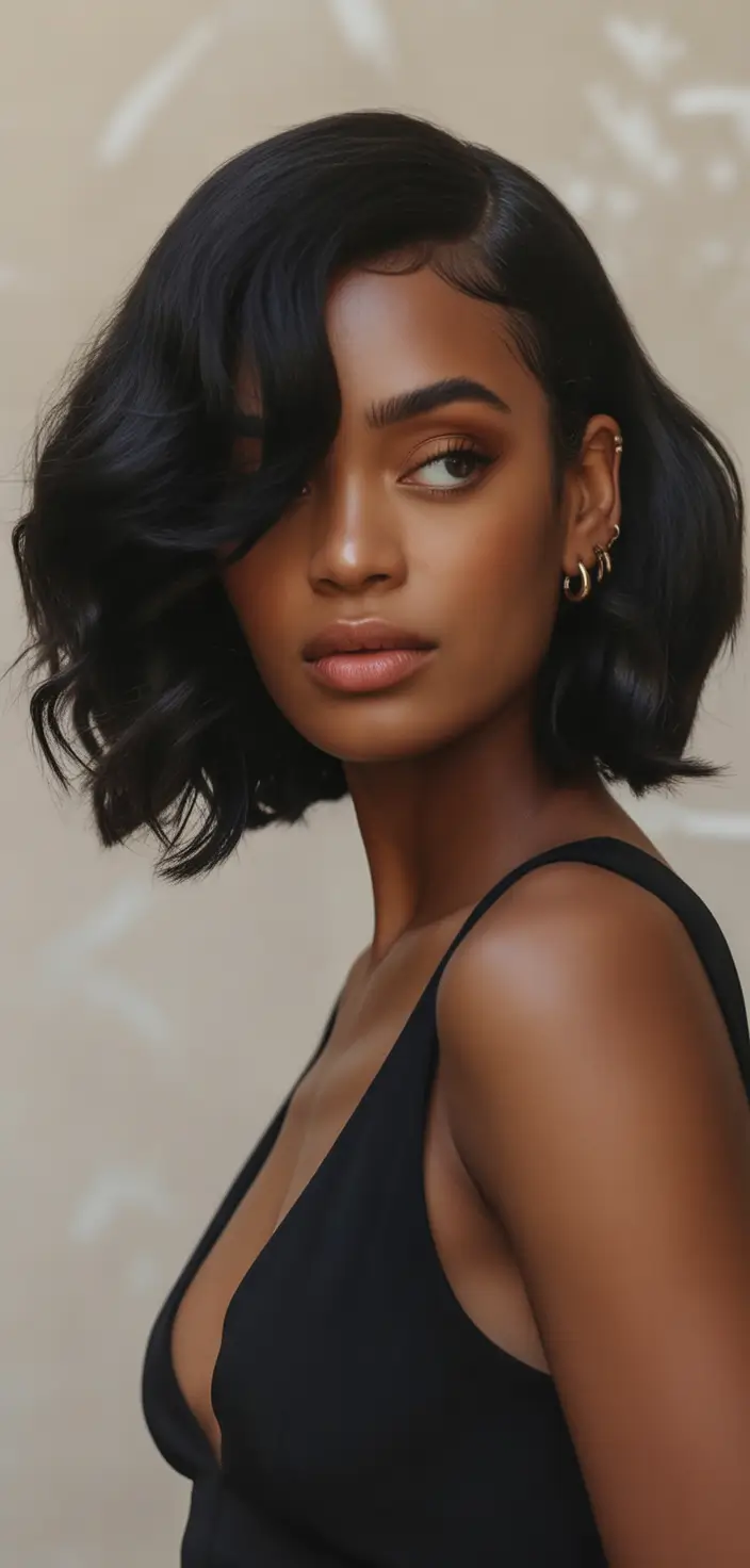 Fall hairstyle black women Glossy Side-Parted Waves