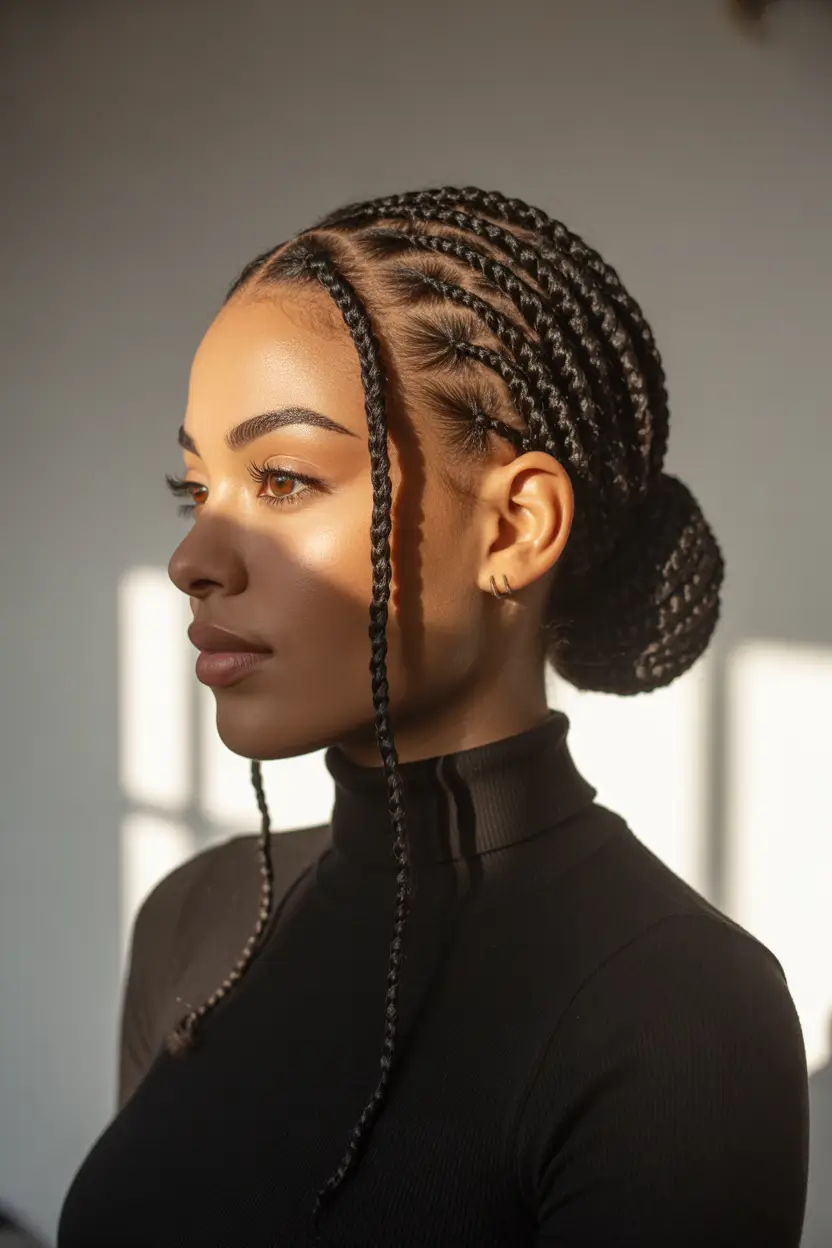 Fall hairstyle black women Elegant Braided Bun with Face-Framing Strands