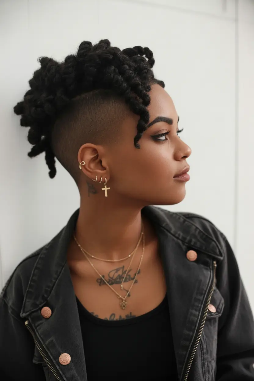 Fall hairstyle black women Textured Faux Hawk with Shaved Sides