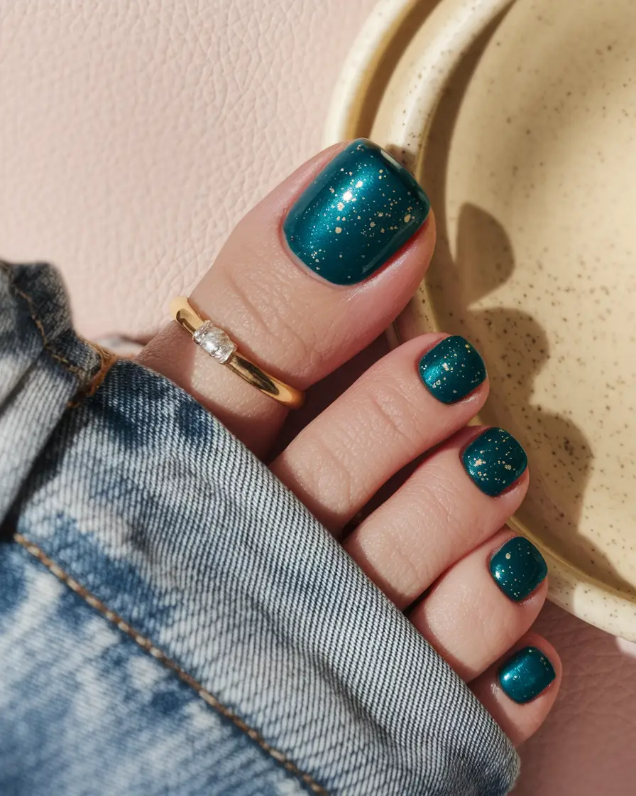 Fall 2025 Pedicure Colors Emerald Night with Gold Flecks