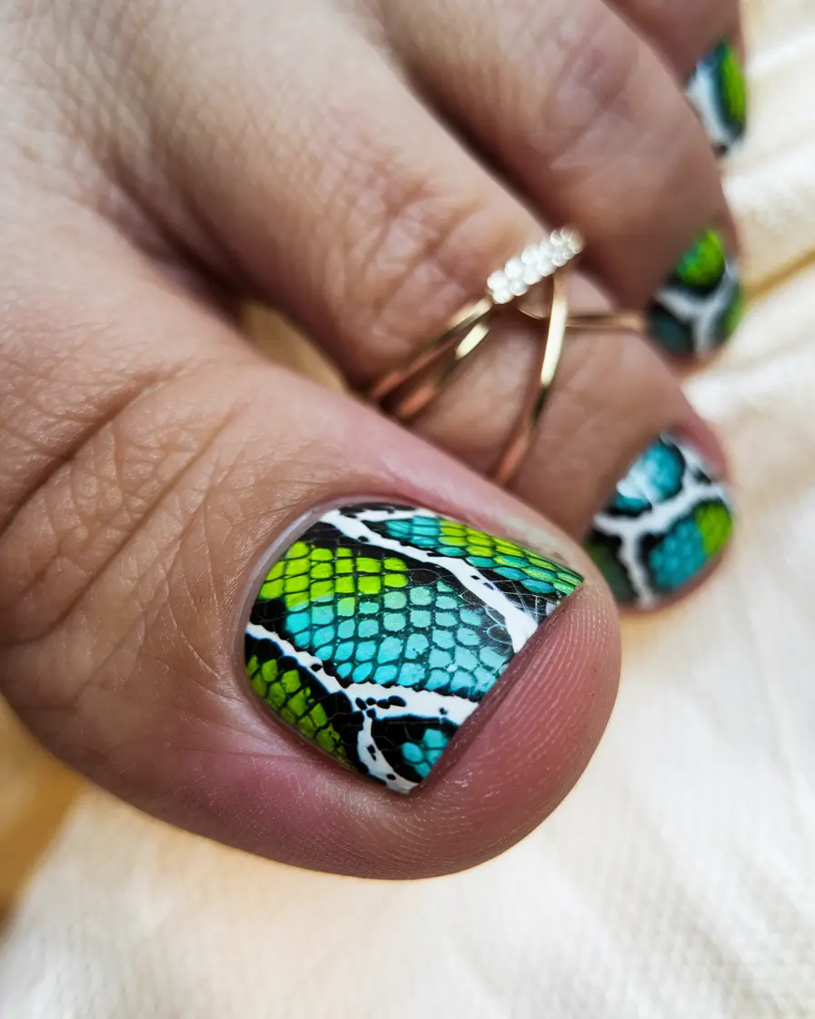 Fall 2025 Pedicure Colors Snake Print in Tropical Tones
