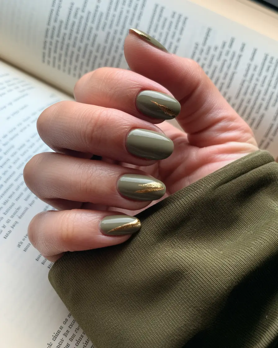 fall color nails Olive Green with Golden Flick for Earthy Glam