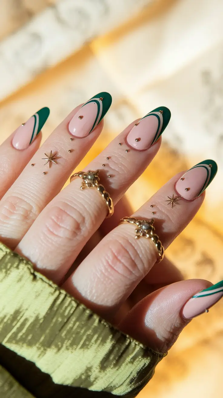 fall french tip nails Emerald Waves with Star Accents