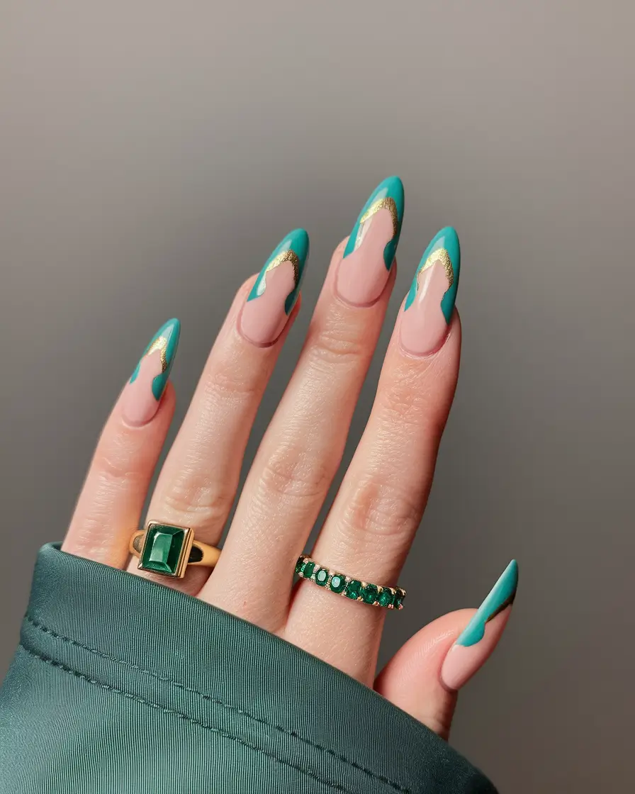 fall french tip nails Bold Green and Gold Flames