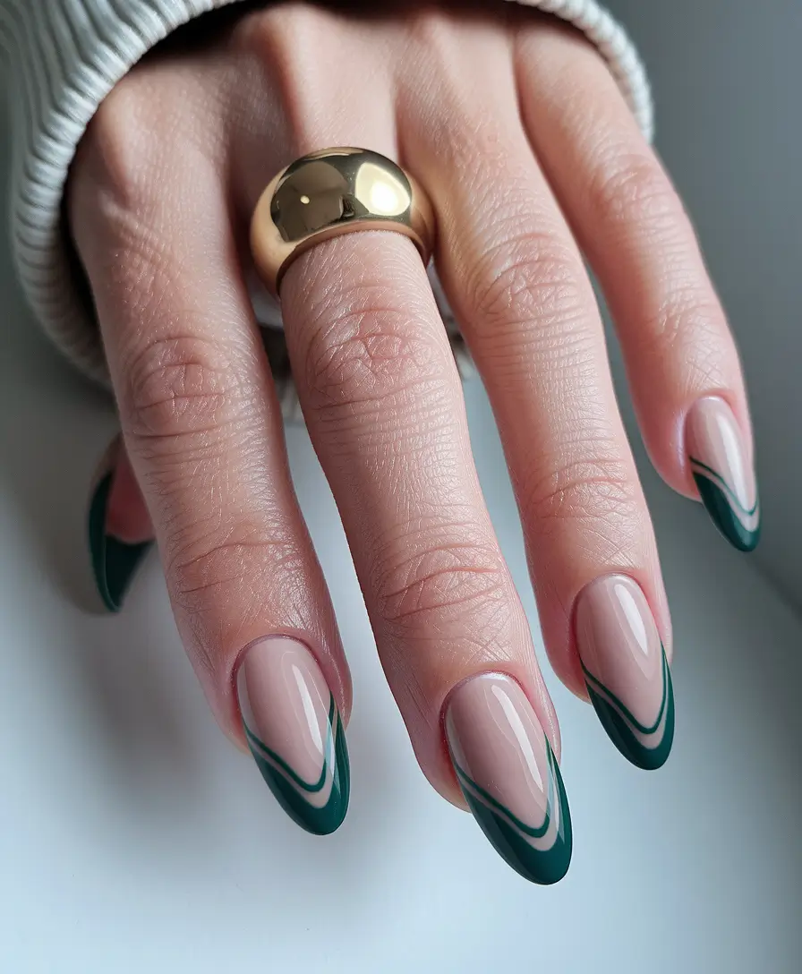 fall french tip nails Layered Deep Green French