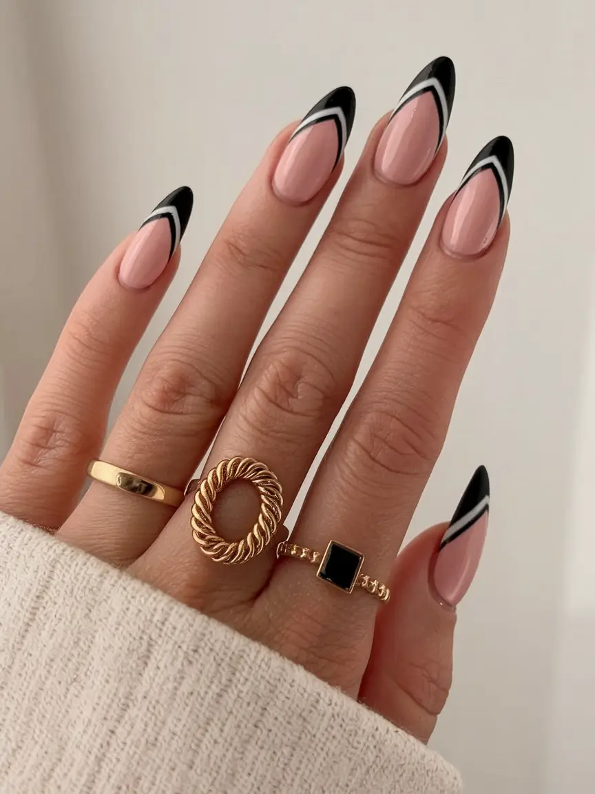 fall french tip nails Chic Black and White Arrows