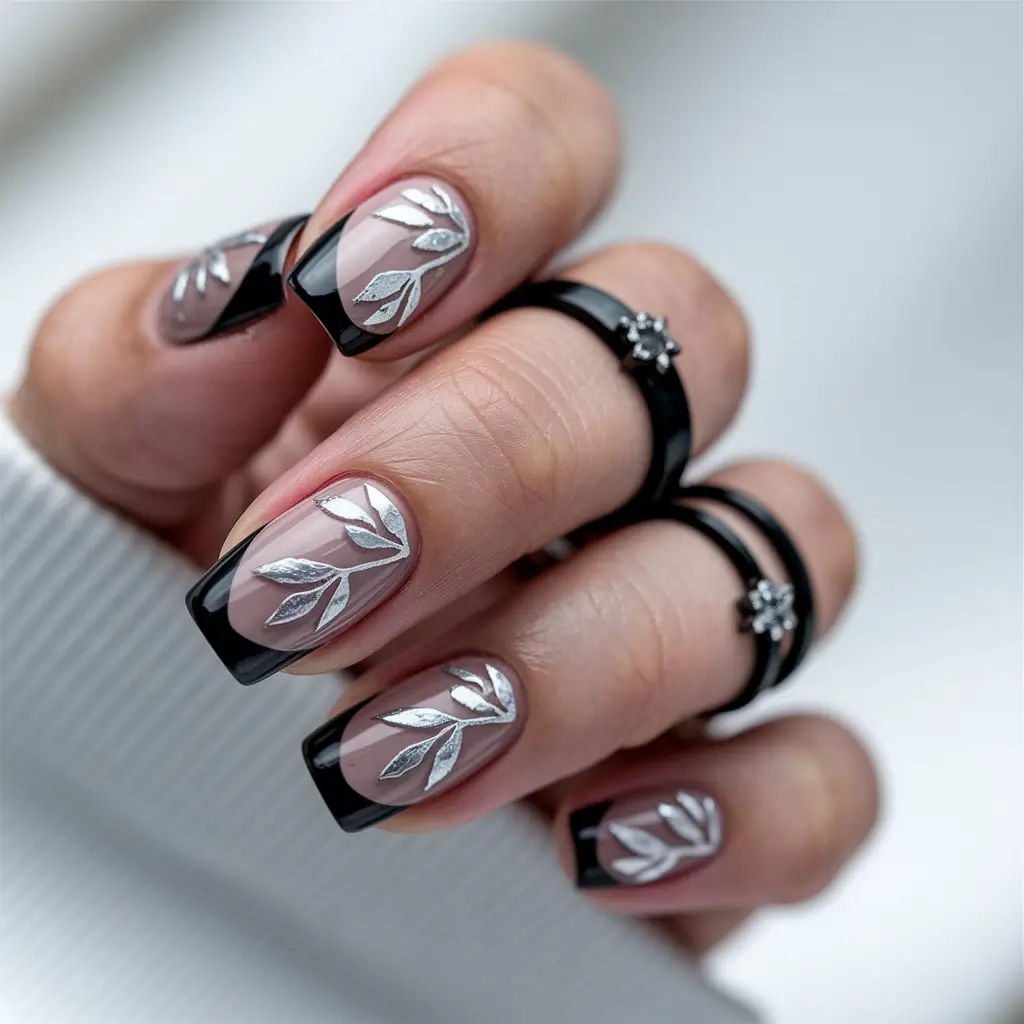 fall french tip nails Silver Leaves on Black French