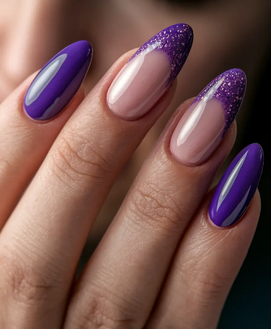 fall french tip nails Violet Sparkle French on Almond Nails