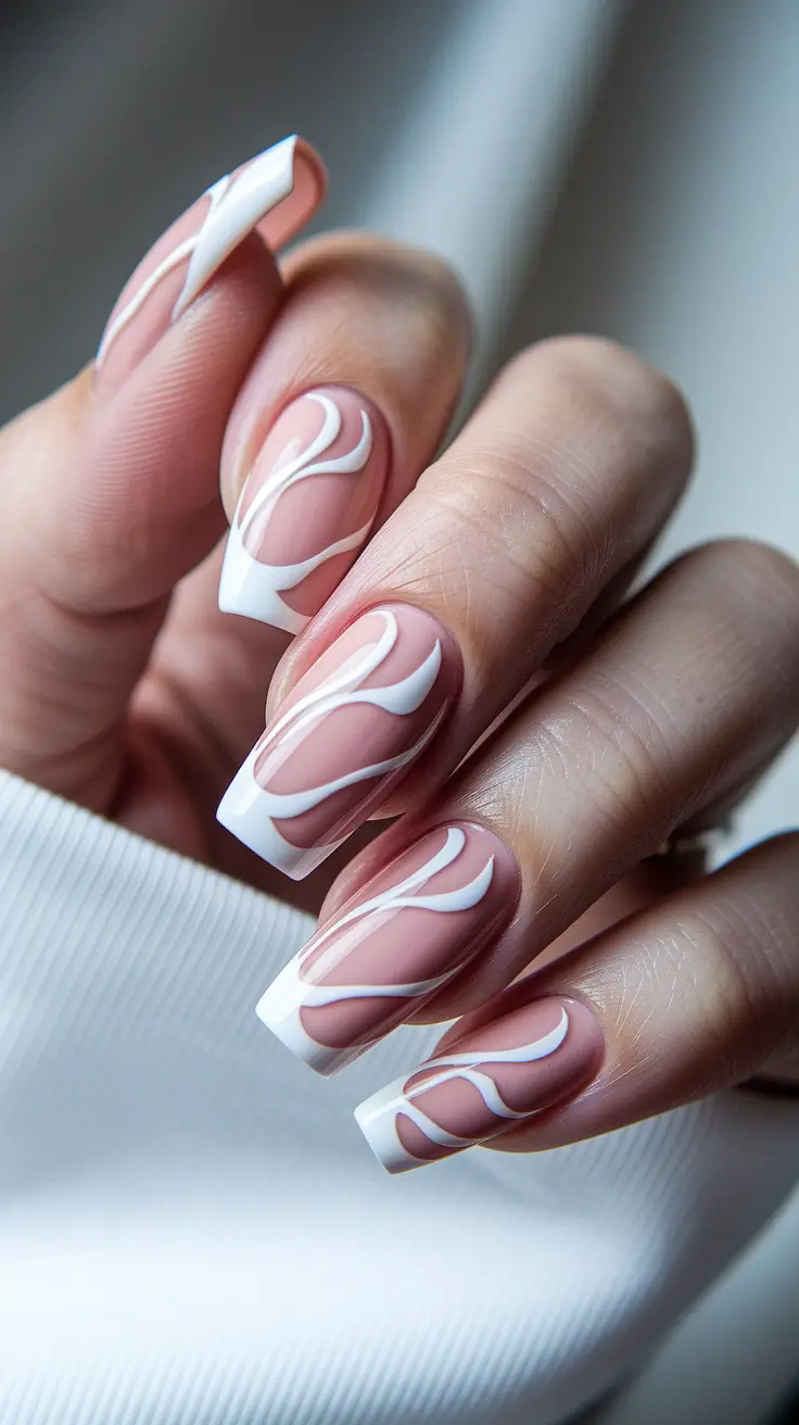 fall french tip nails White Swirl Square French