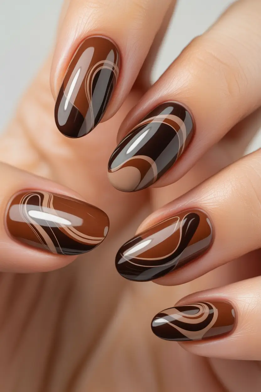 Fall Nail Inspo & Ideas 2025 Chocolate Swirl Elegance
