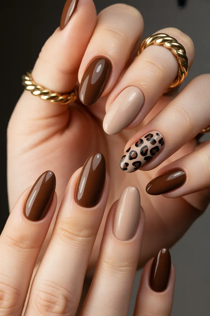 Fall Nail Inspo & Ideas 2025 Warm Brown & Leopard Accent