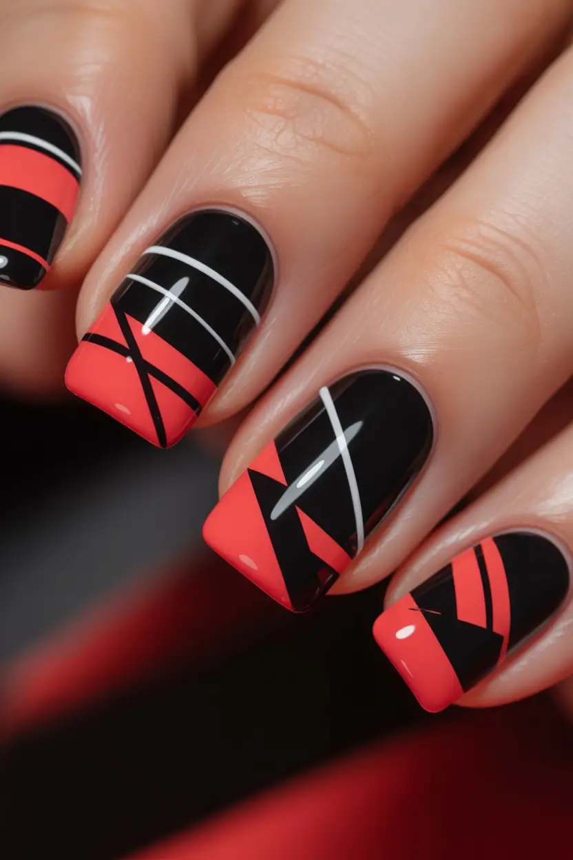 Fall Nail Inspo & Ideas 2025 Geometric Red & Black