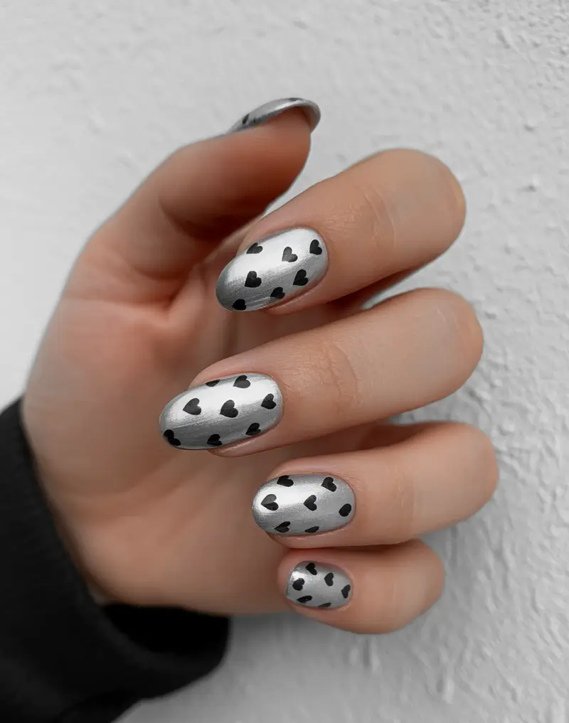 Fall Nail Inspo & Ideas 2025 Silver Hearts Chrome