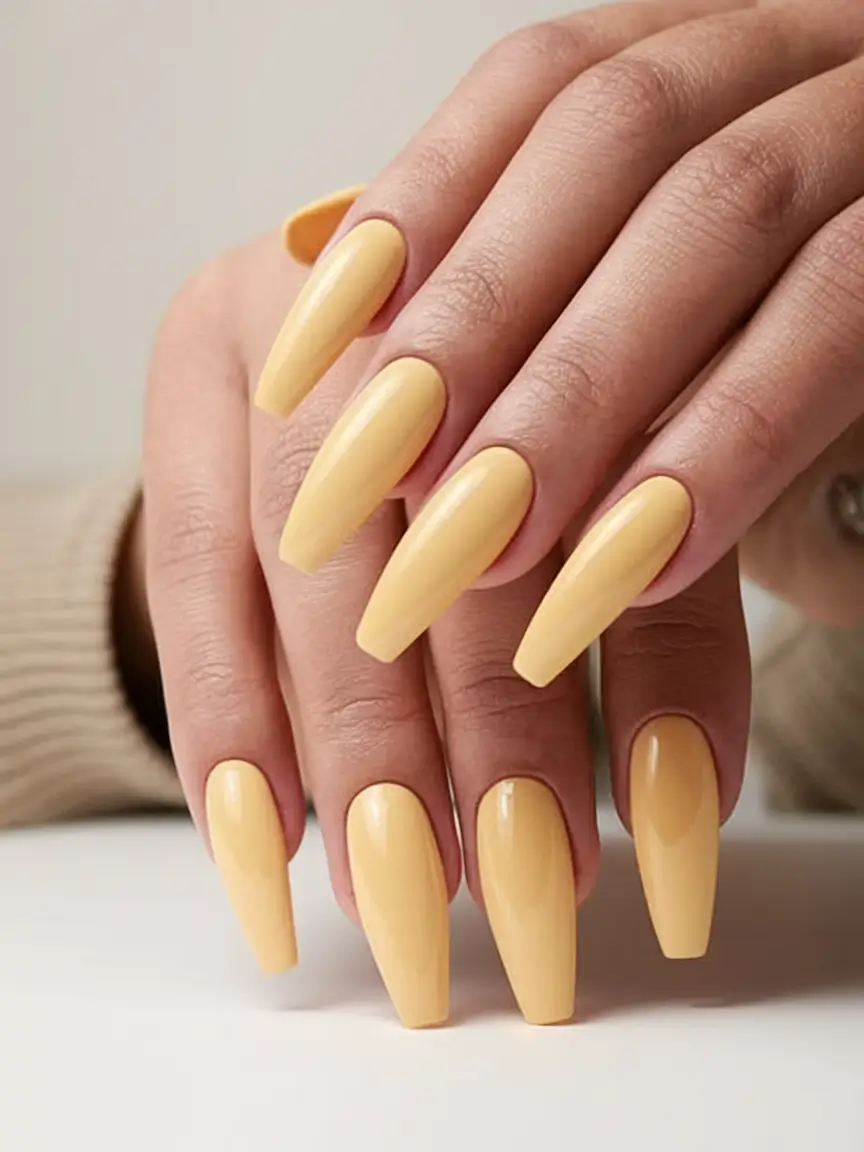 Fall Ballerina-Shaped Nail Ideas 2025 Golden Mustard Ballerina Elegance