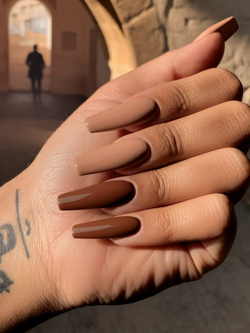 Fall Ballerina-Shaped Nail Ideas 2025 Two-Tone Coffee and Mocha Layers