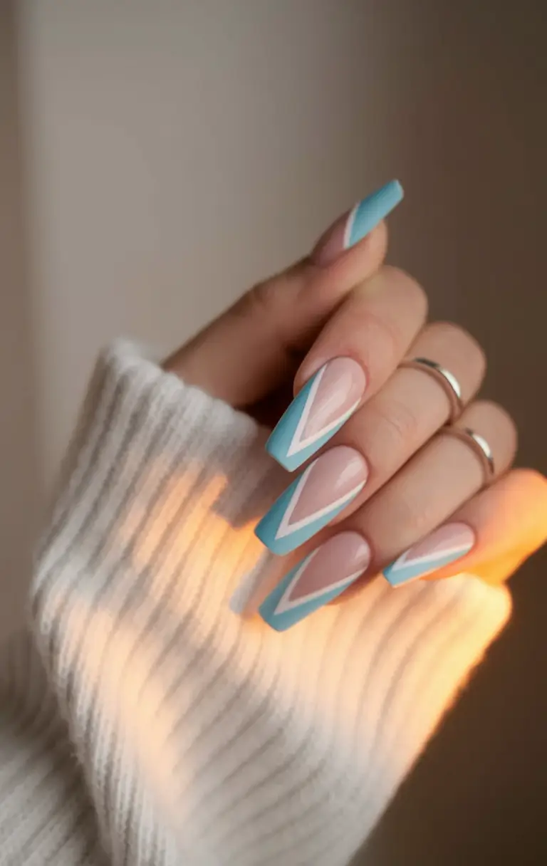 Fall Ballerina-Shaped Nail Ideas 2025 Frosted Sky Chevron Tips