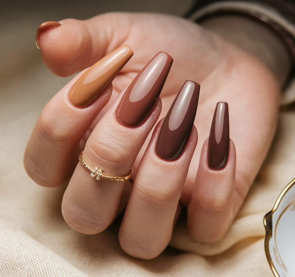Fall Ballerina-Shaped Nail Ideas 2025 Gradient Chocolate Ballerina Blend