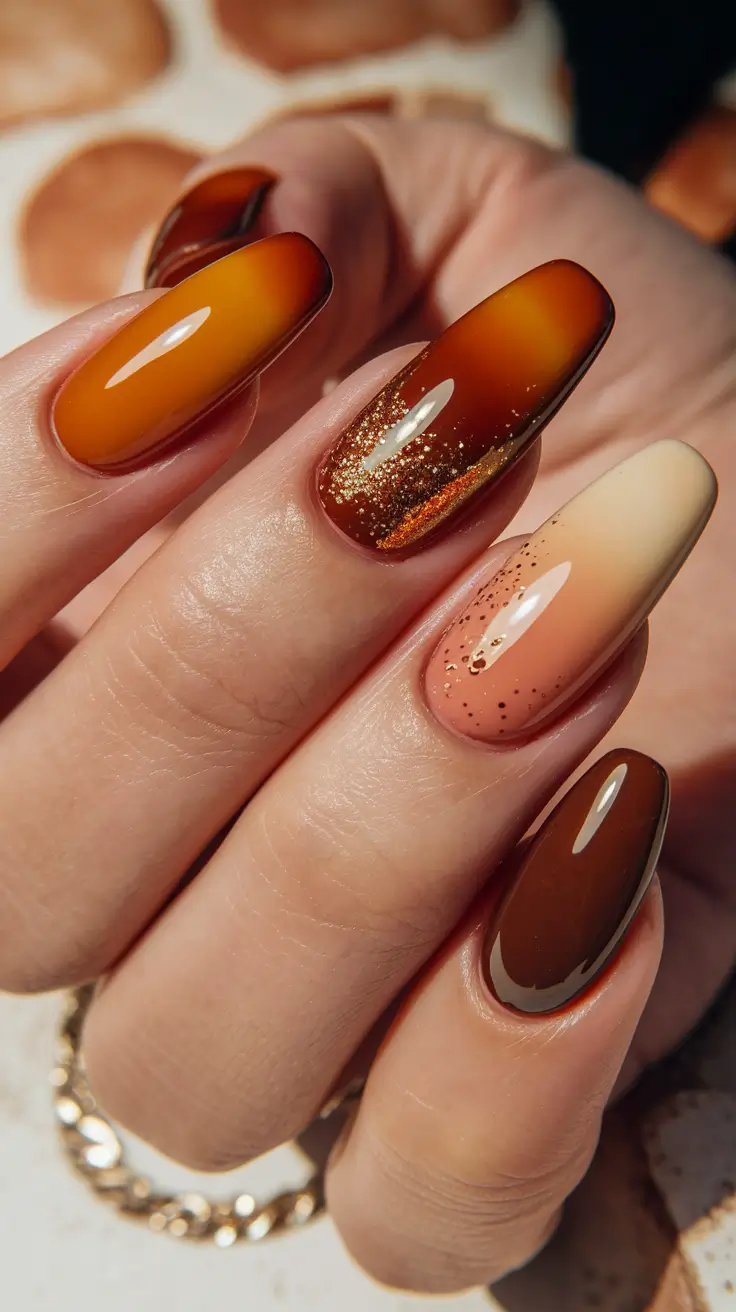 Fall Ballerina-Shaped Nail Ideas 2025 Amber Glow with Autumn Sparkle