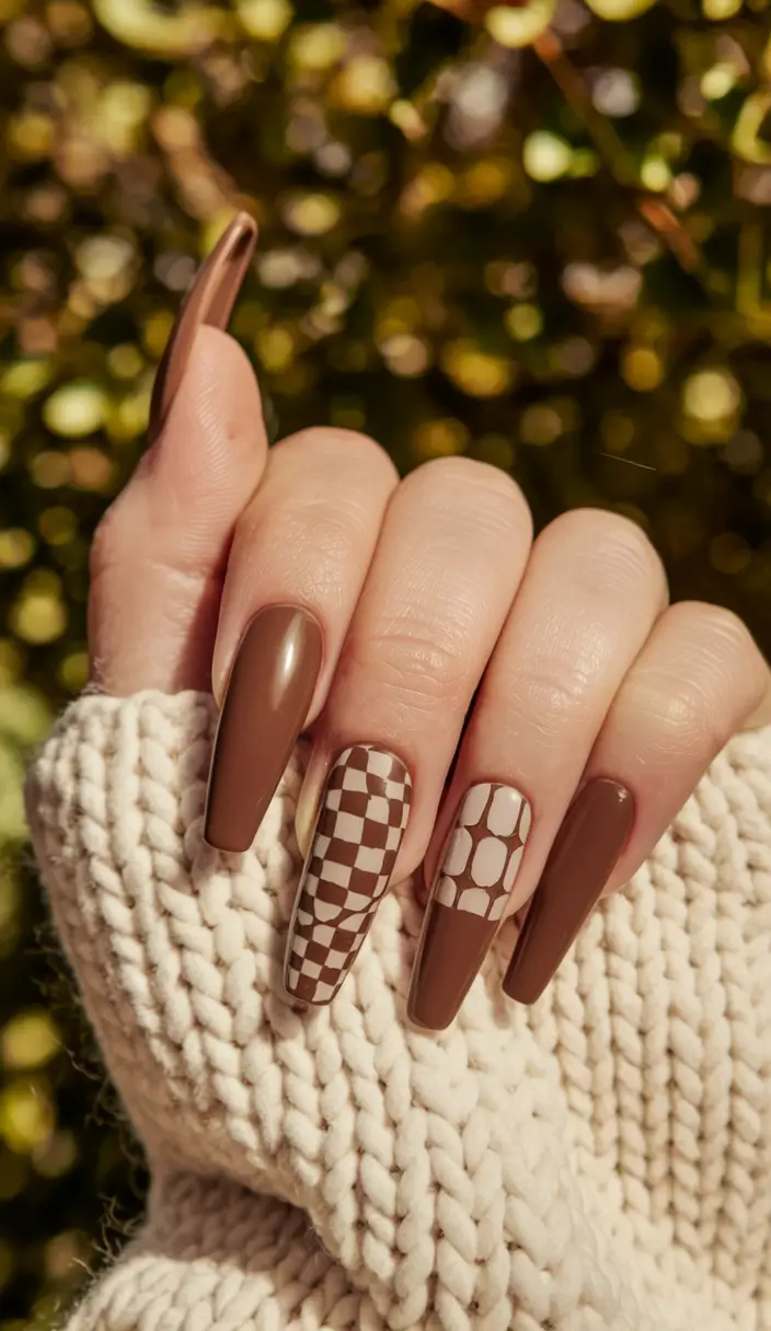 Fall Ballerina-Shaped Nail Ideas 2025 Retro Brown Checkerboard Mix