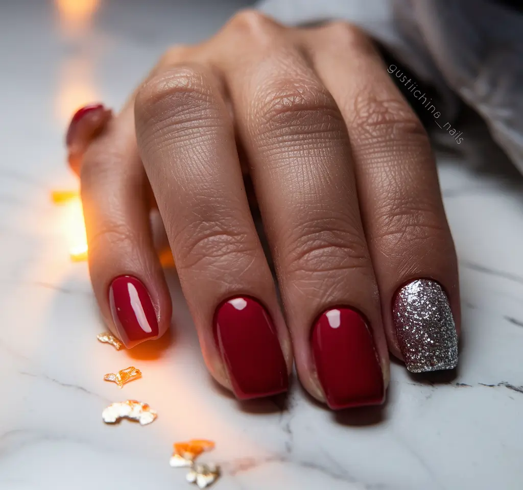 Modern Fall Manicure Ideas 2025 Deep Crimson with a Touch of Sparkle