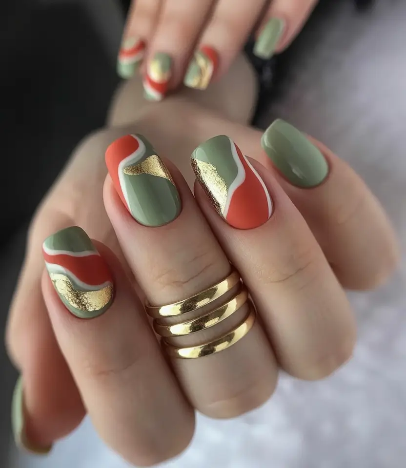 Nail Trends for Fall 2025 Olive Green & Burnt Orange Waves with Gold Accents