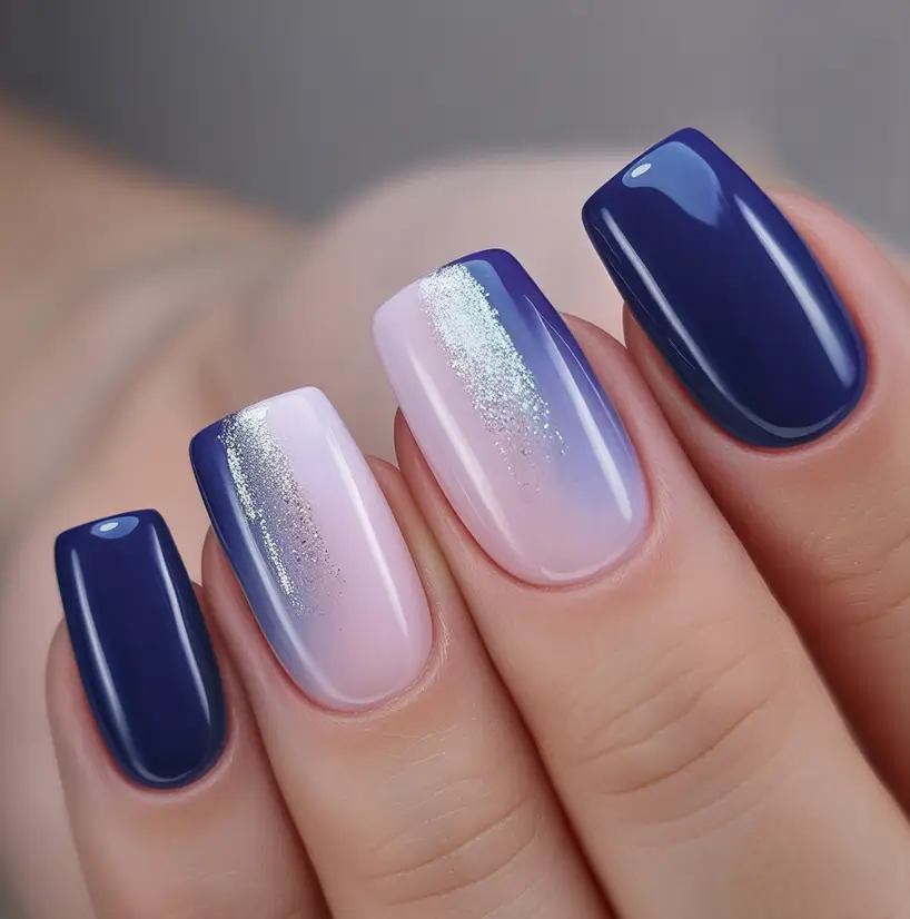 Nail Trends for Fall 2025 Midnight Blue & Frosted Ombre