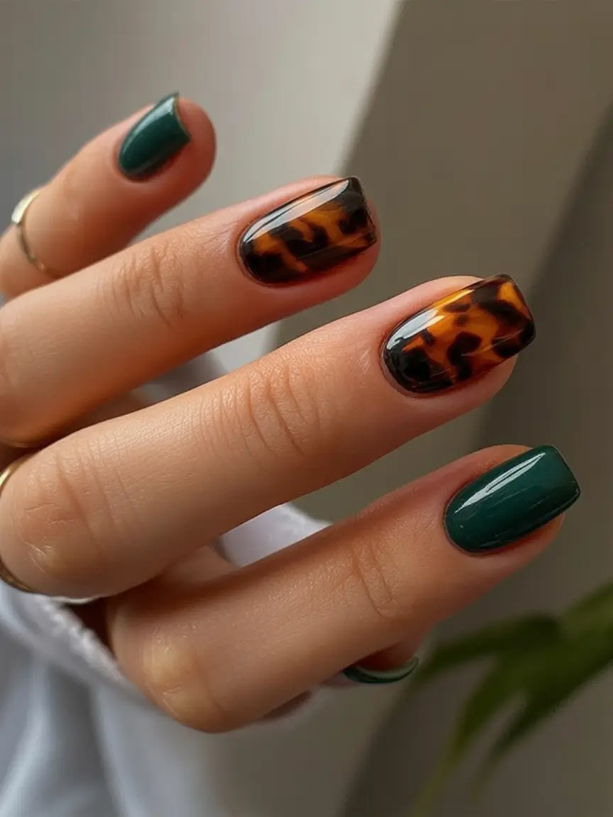 Nail Trends for Fall 2025 Deep Green & Tortoiseshell Mix