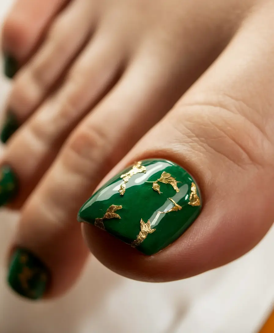 Stylish Fall Toe Nail Colors 2025 Emerald Glamour with a Touch of Gold