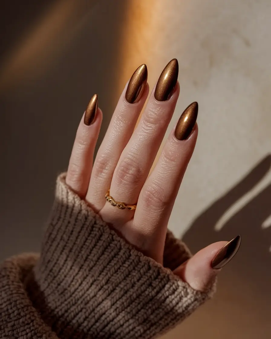 Stylish Minimalist Fall Nails Designs 2025 Golden Bronze Almond Luxury