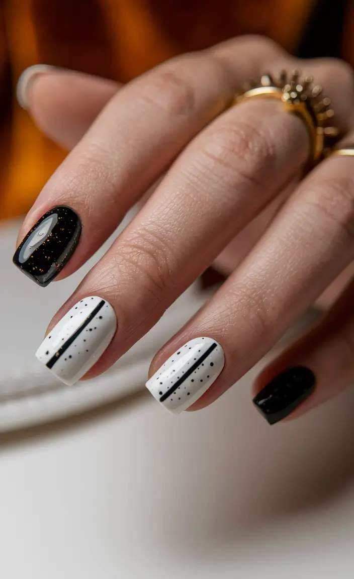 Stylish Minimalist Fall Nails Designs 2025 Black and White Geometric Minimalism