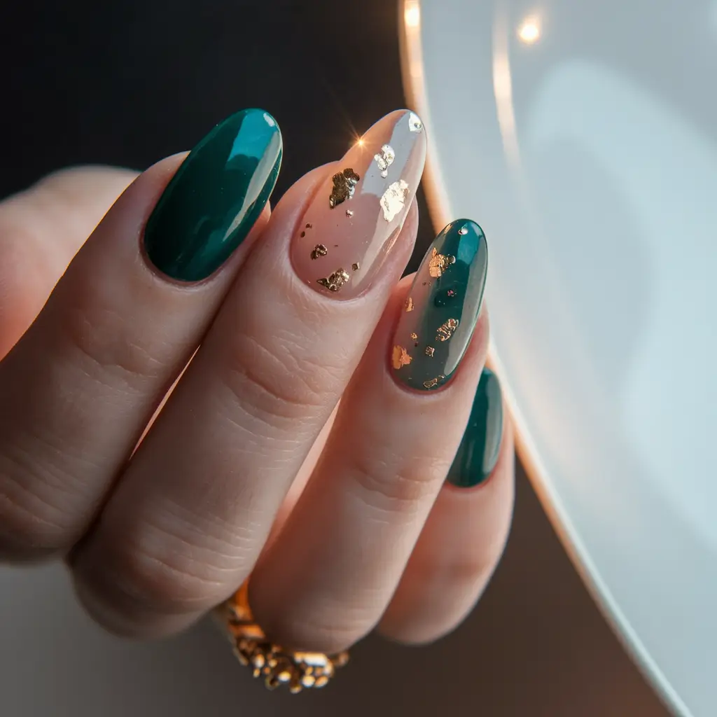 Stylish Minimalist Fall Nails Designs 2025 Emerald and Gold Leaf Elegance