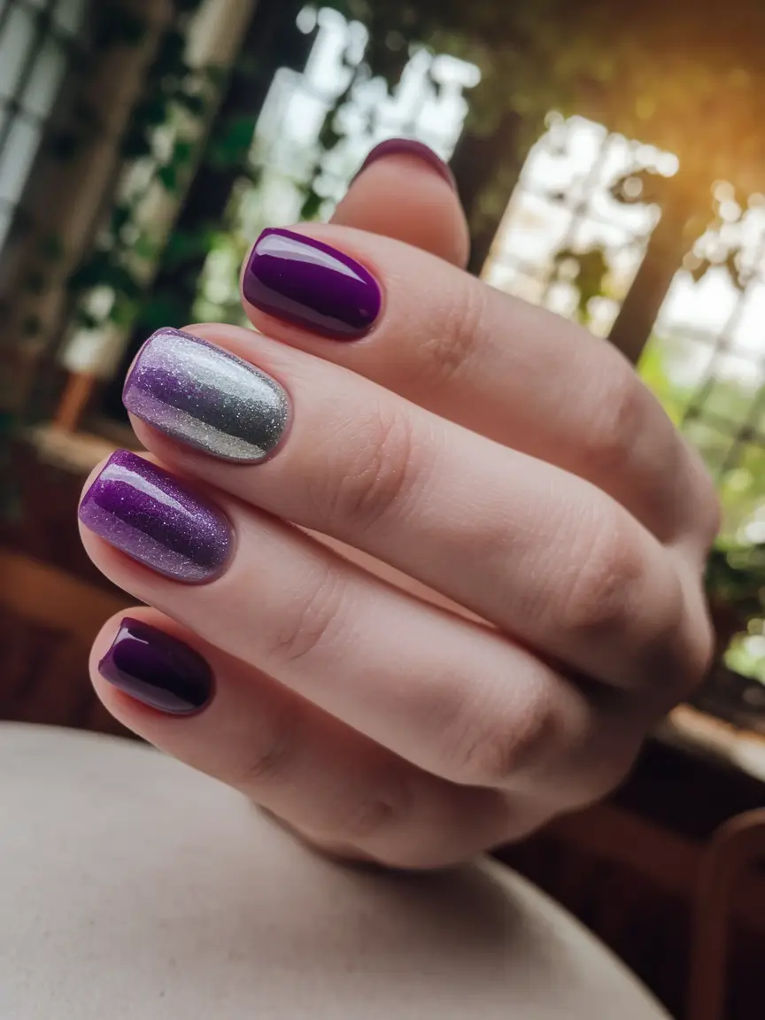 Stylish Minimalist Fall Nails Designs 2025 Purple and Silver Accent Minimalism
