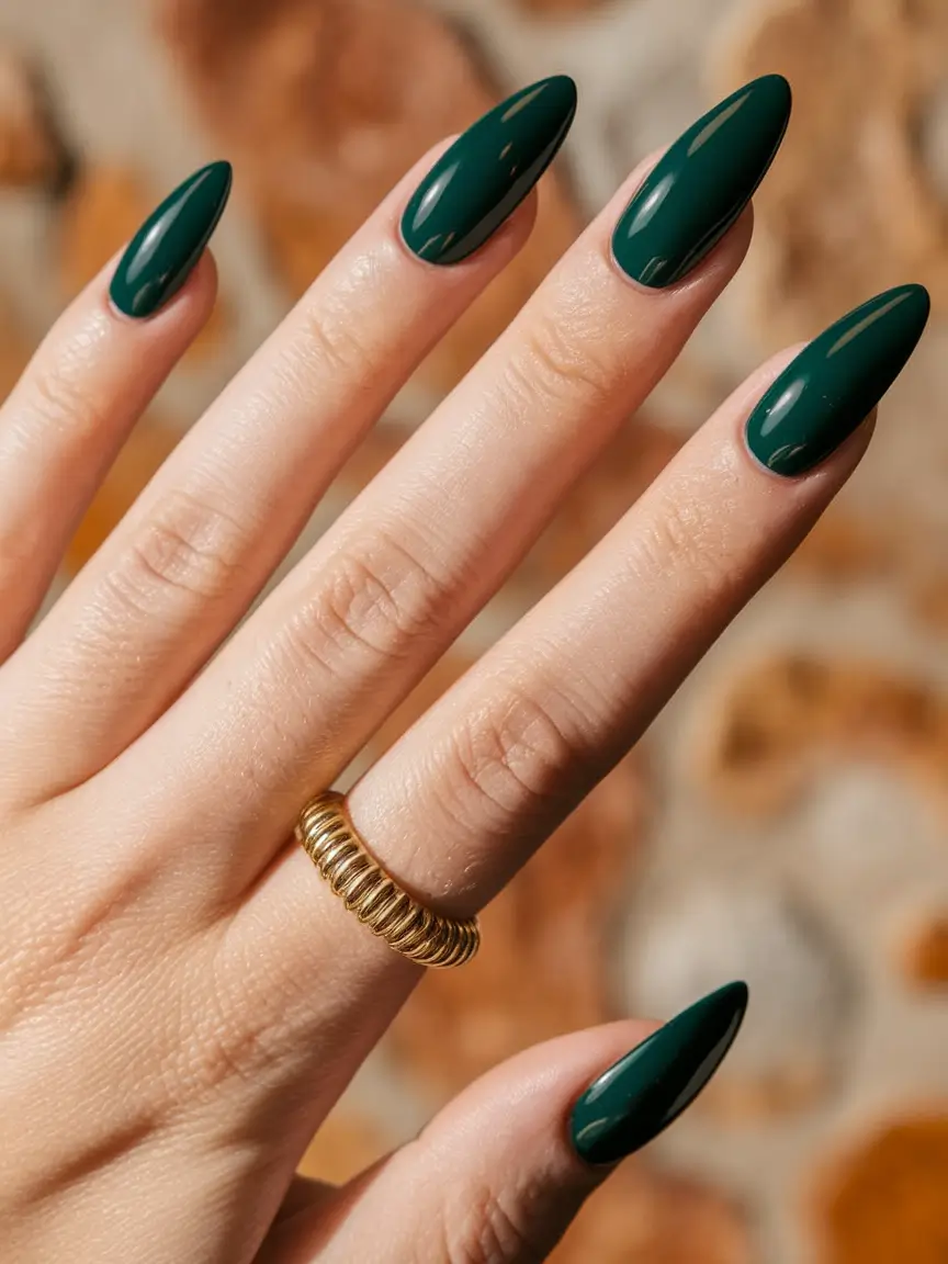 Stylish Minimalist Fall Nails Designs 2025 Deep Forest Green Almond Elegance