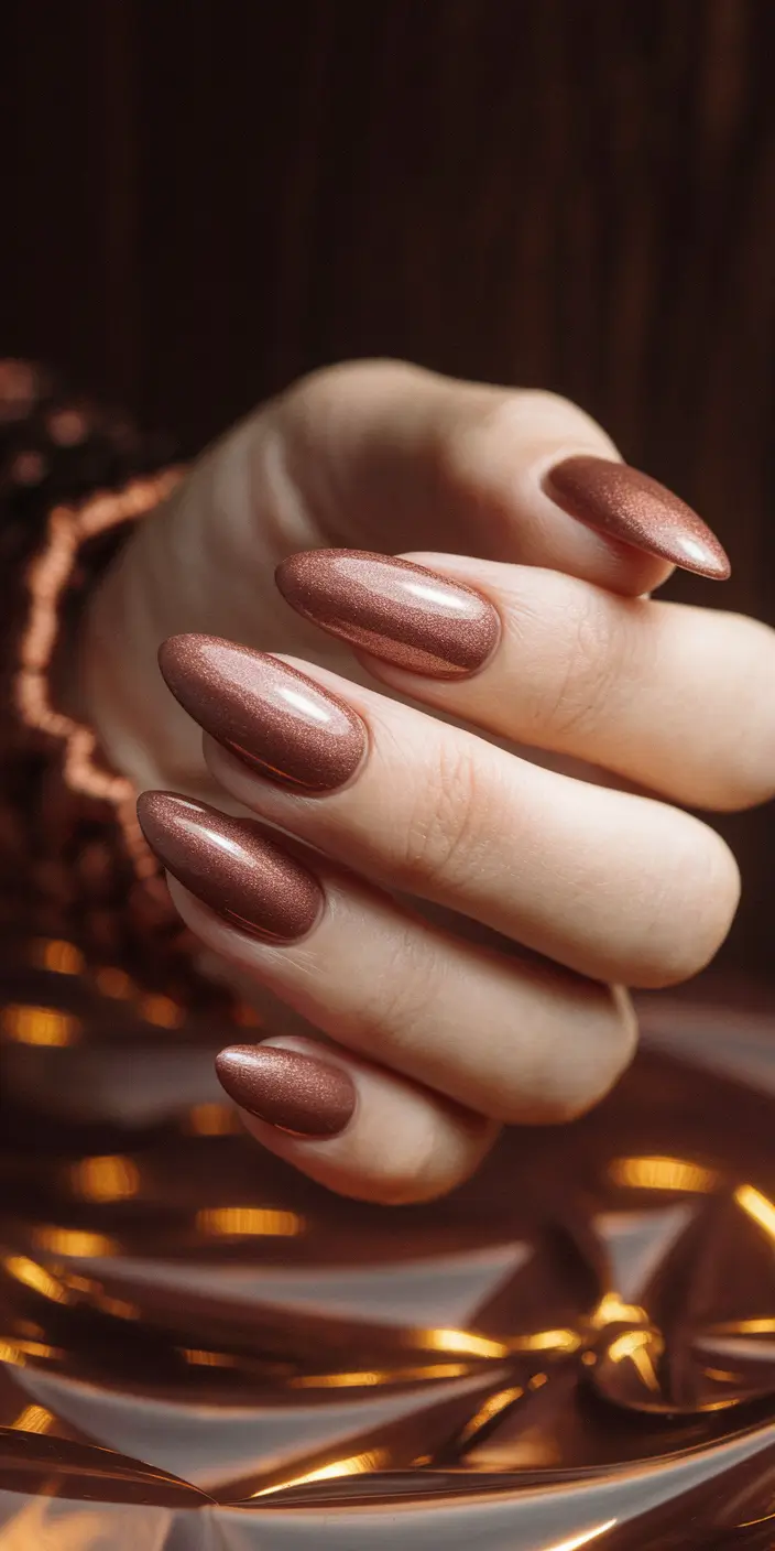 Stylish Minimalist Fall Nails Designs 2025 Metallic Copper Almond Shine
