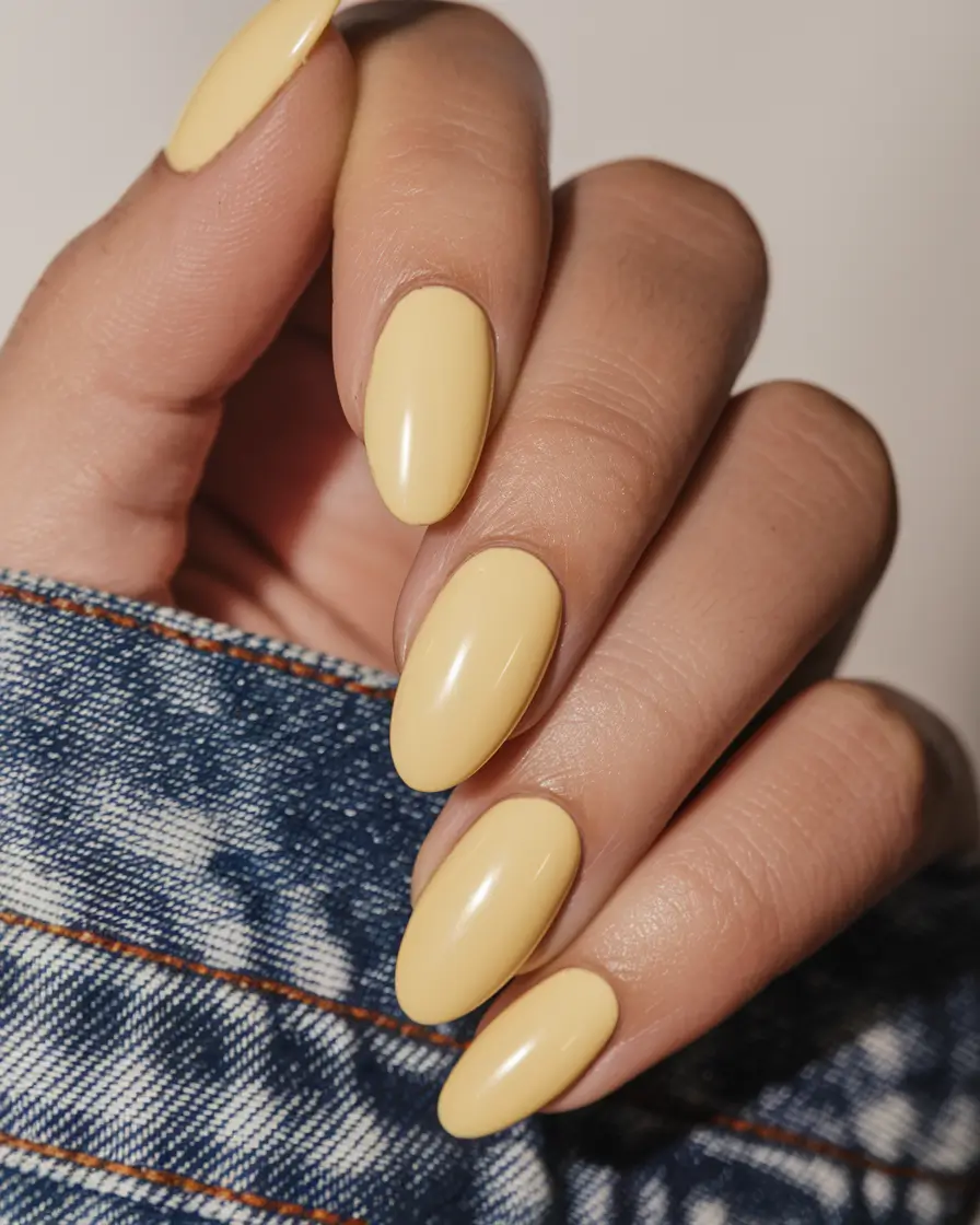 Trendy Fall Nail Colors and Designs 2025 Almond Shape in Pale Yellow